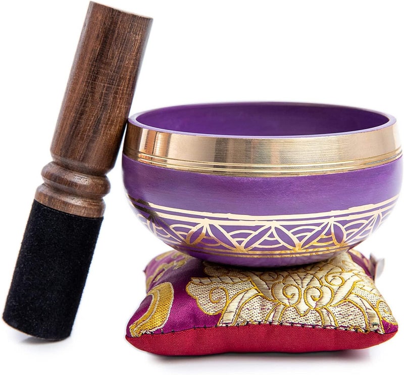 HIMALAYAN BAZAAR Tibetan Singing Bowl Set - Authentic Handcrafted Mindfulness Meditation Holistic Sound 7 Chakra Healing Gift by (Purple-Magenta) - Image 5